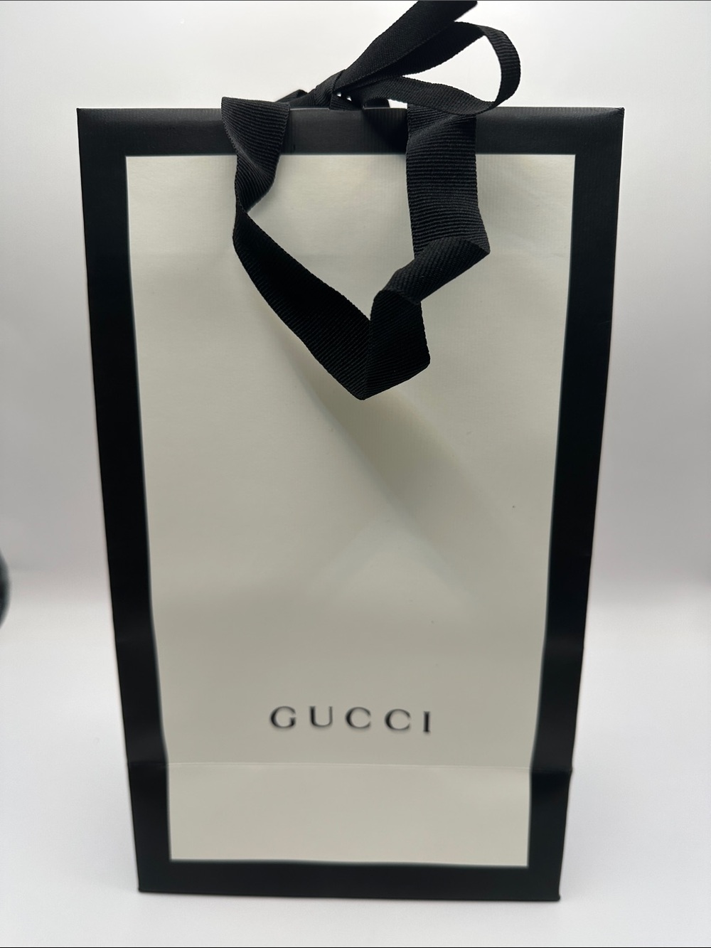 Gucci White and Black Paper Shopping Bag with Black Ribbon Handles